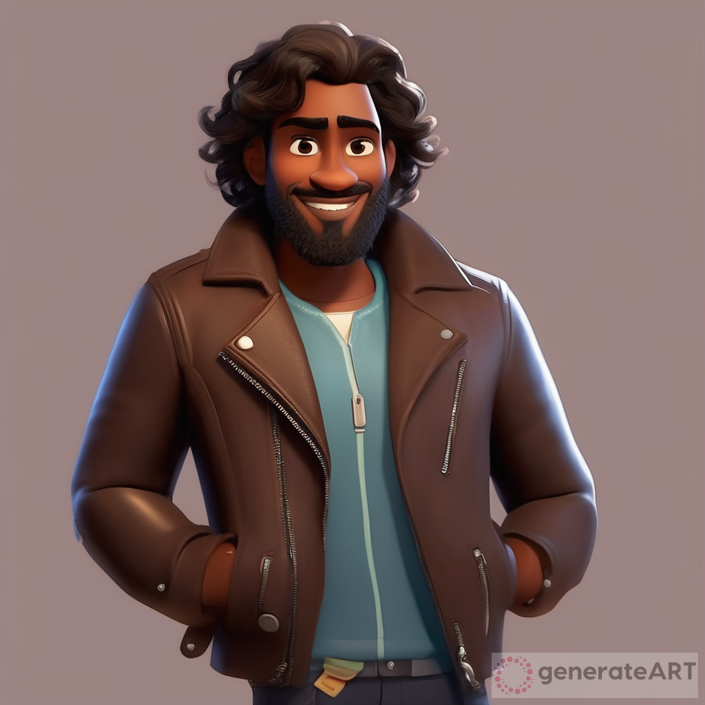 Pixar character style brown skin young man with dark wavy hair and beard wearing a leather jacket