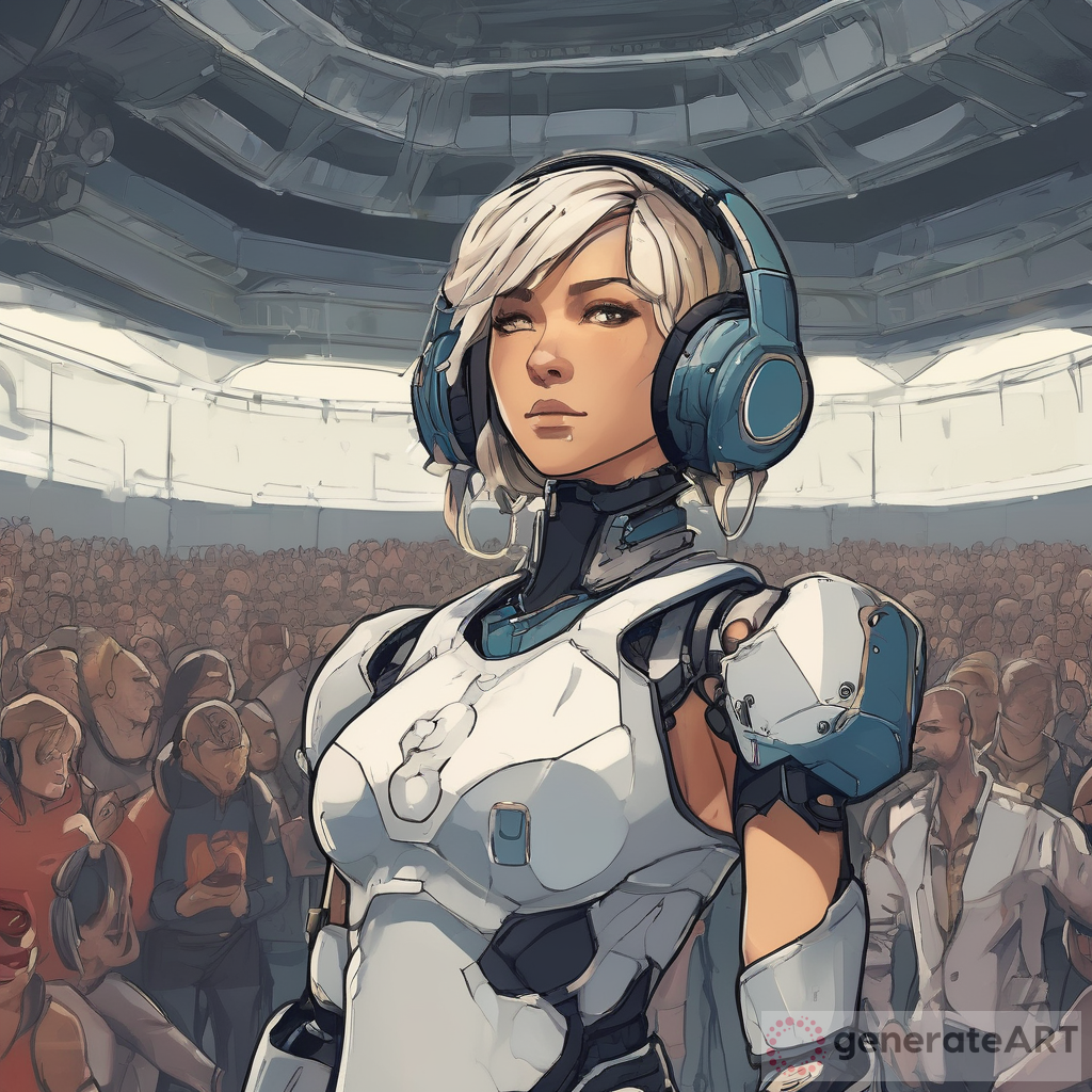 (POV). The beautiful (nations) mecha mma-fighter lady with (hairstyle), (head ornament), big-headphone. She is wearing (colouring) mecha (dress type) heavy mma-combat armor