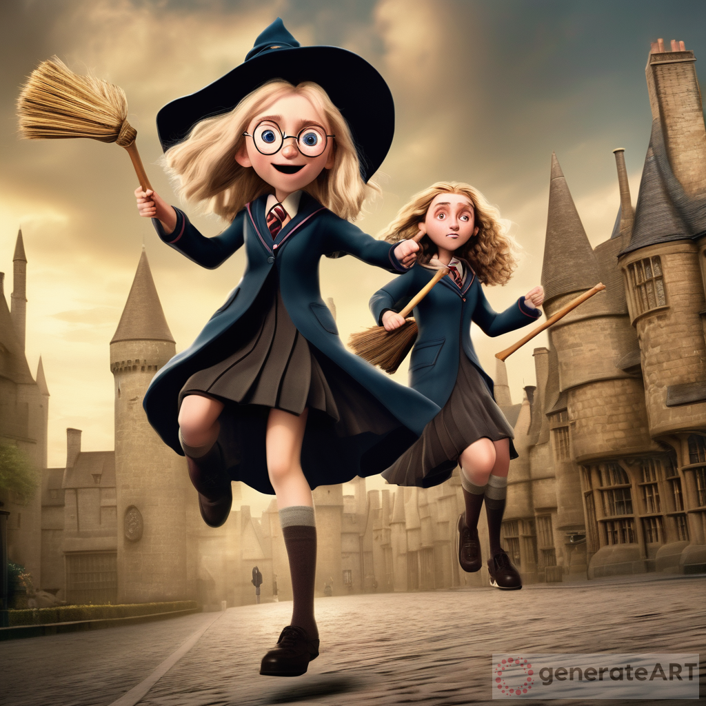 luna lovegood y hermione granger in howarts in caricature 3d, flying on brooms