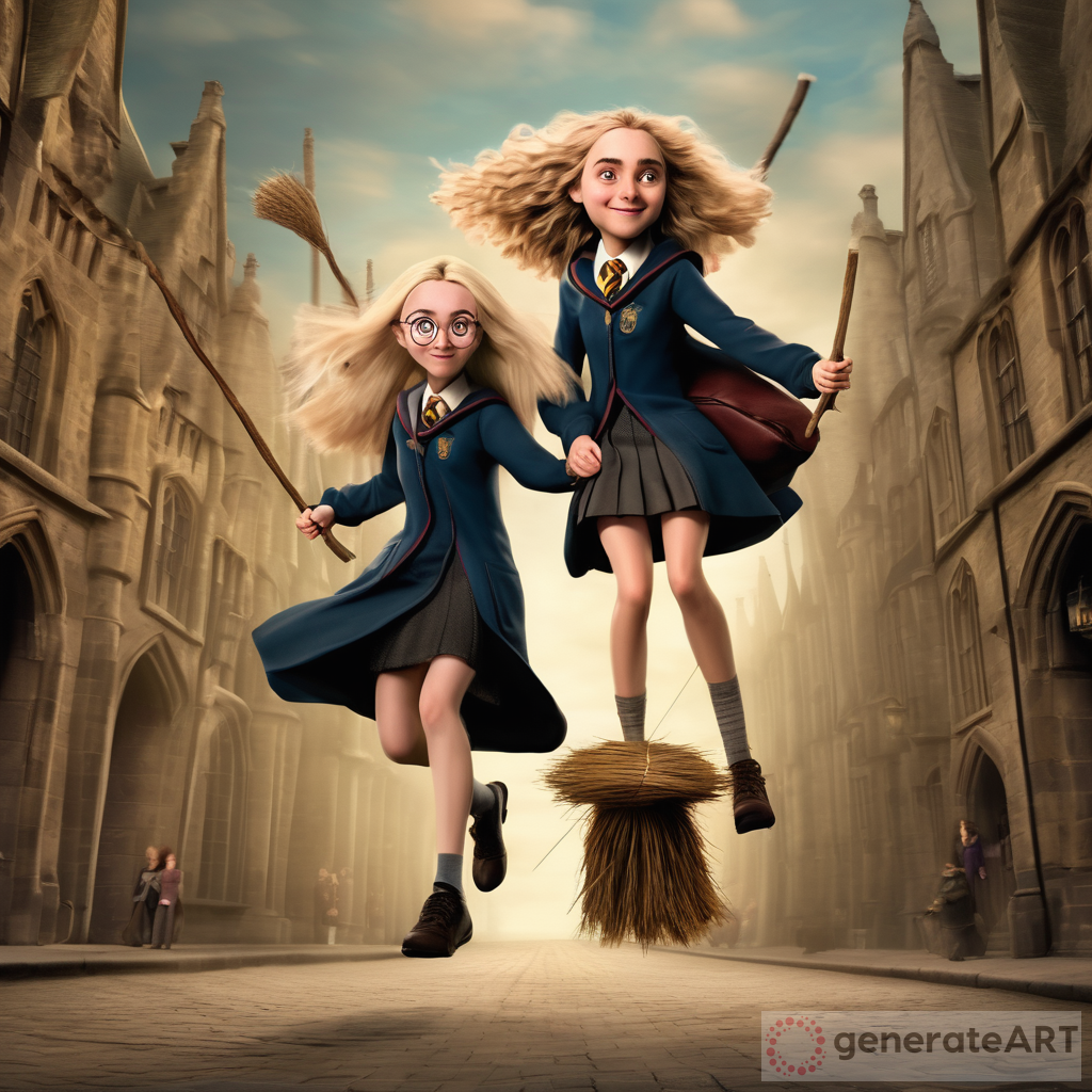 Luna Lovegood & Hermione Granger: Hogwarts 3D Caricature Flying