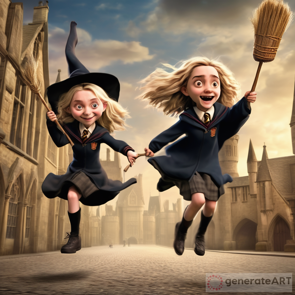luna lovegood y hermione granger in howarts in caricature 3d, flying on brooms