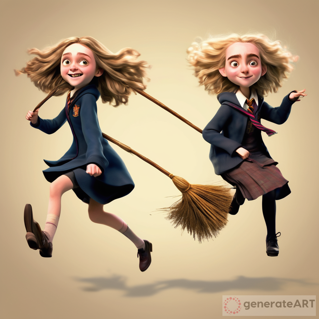 Magical Caricature 3D: Luna Lovegood & Hermione Granger Flying at Hogwarts