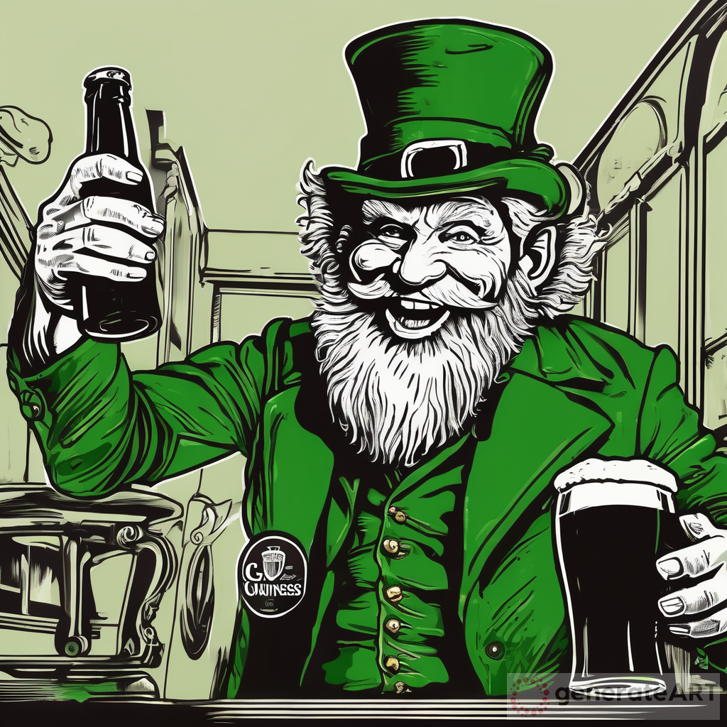 leprechaun drinking a pint of guinness in the style of a screen print
