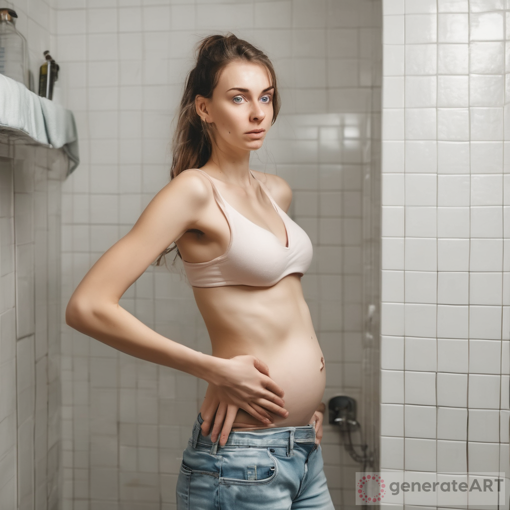 slim skinny girl big water inflated belly in bathroom