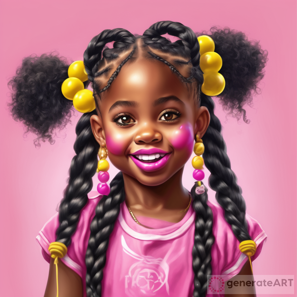 Realistic little black girl popping pink bubble gum with long braids and yellow beads in her hair