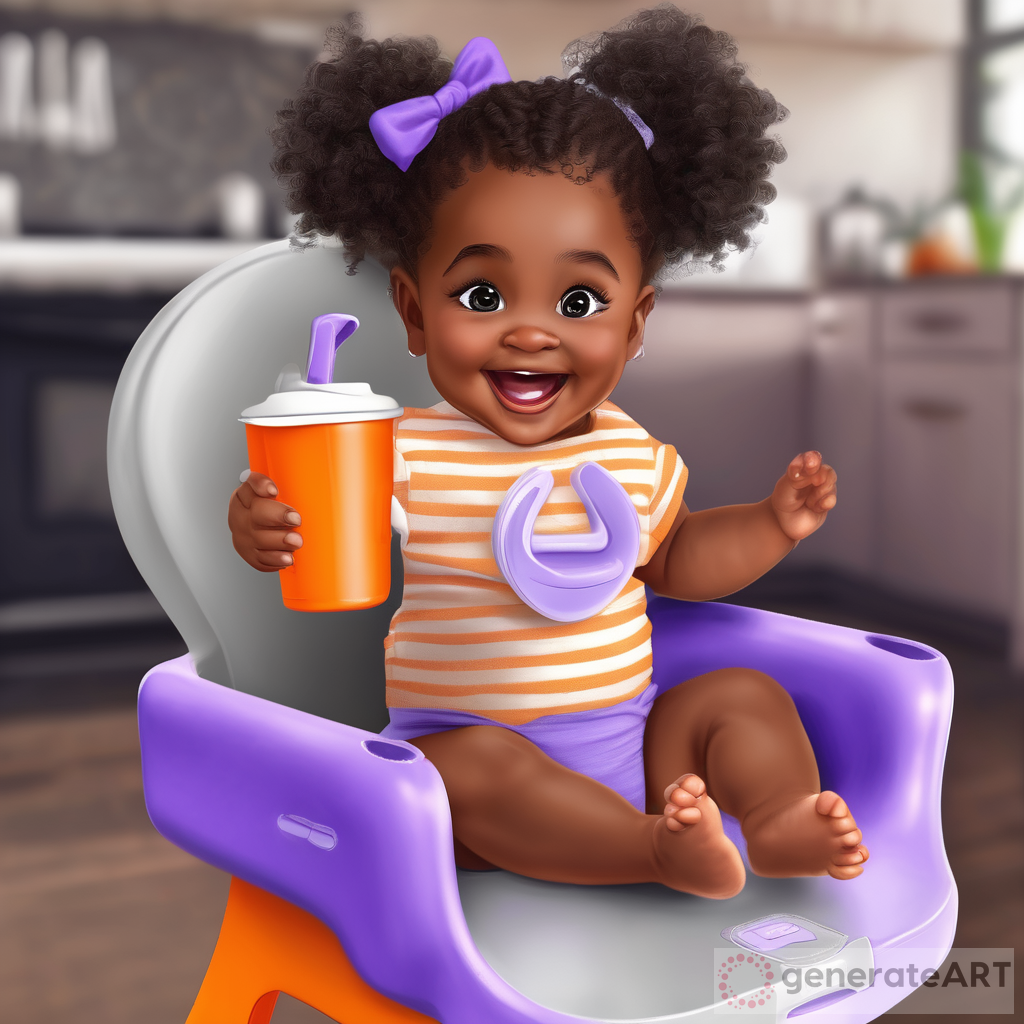 Realistic little black girl with grey eyes and big eyelashes sitting in orange highchair waving purple sippy cup and laughing