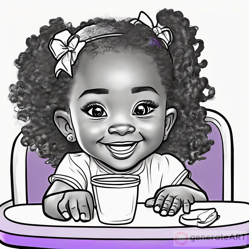 little black girl with grey eyes and big eyelashes sitting in orange highchair waving purple sippy cup and laughing  coloring page with no color