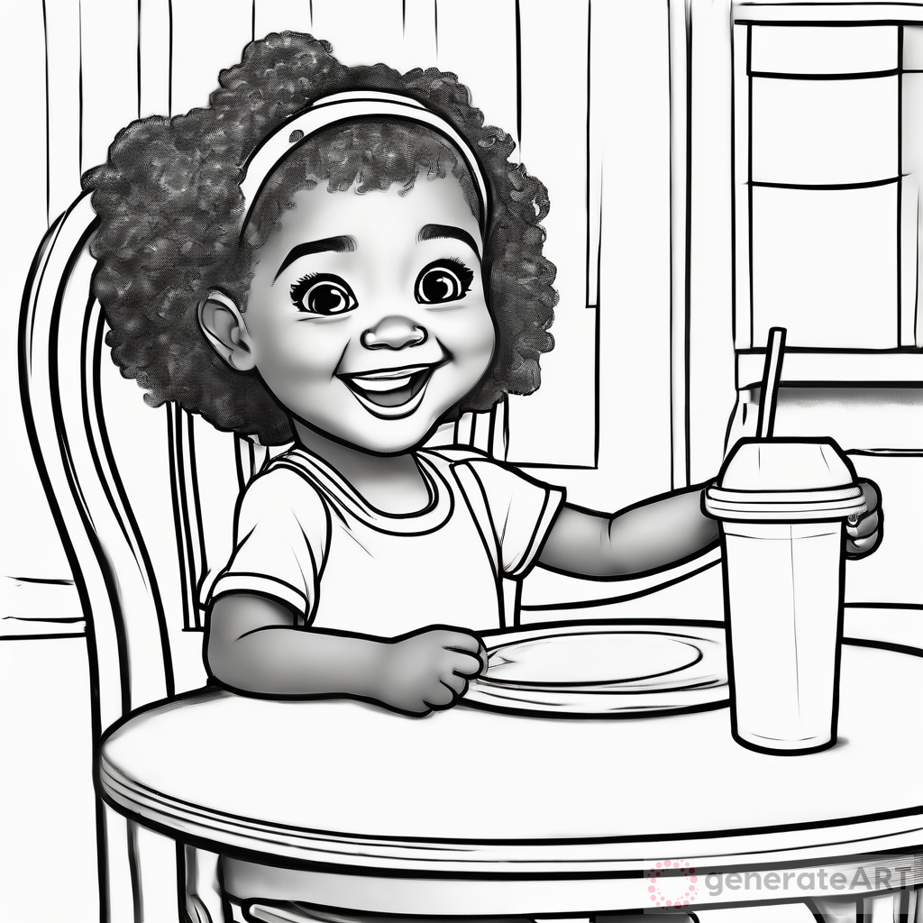 little black girl with grey eyes and big eyelashes sitting in  highchair waving  sippy cup and laughing  coloring page with no color