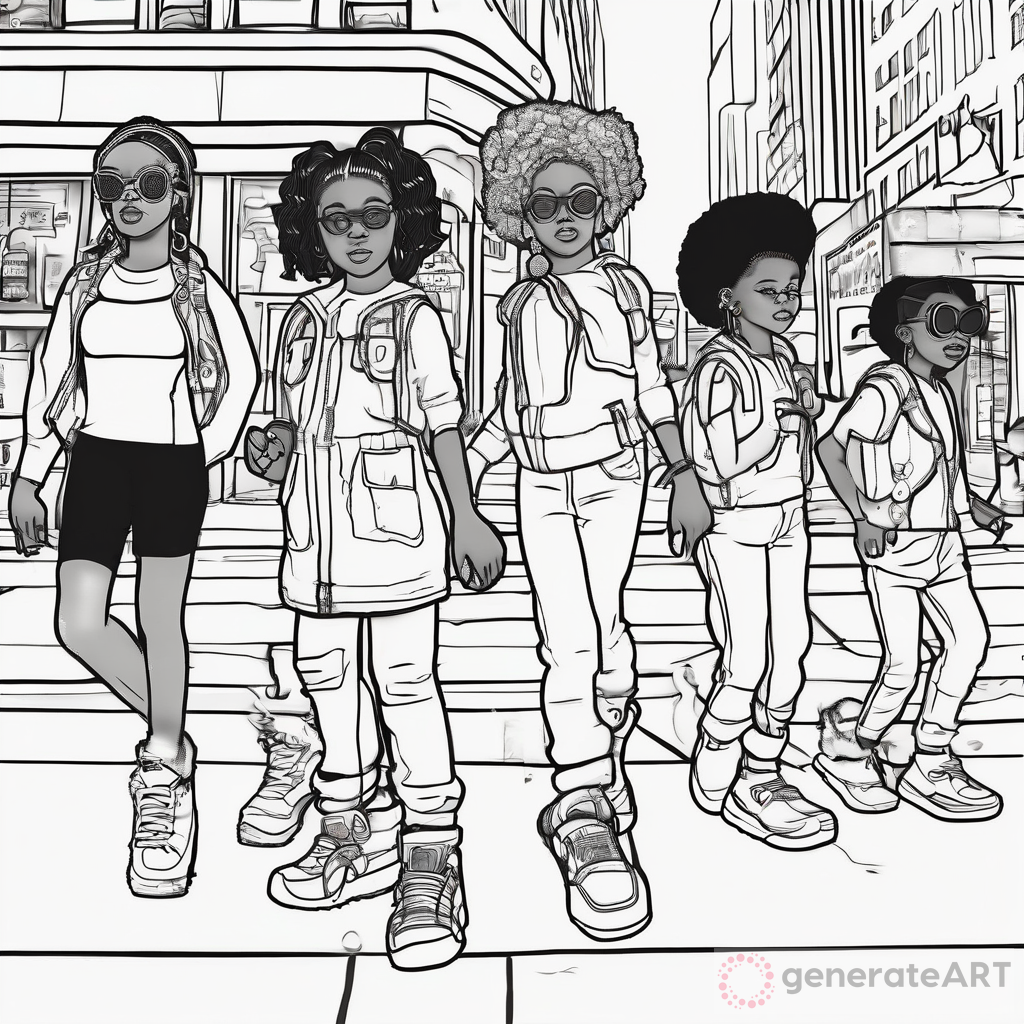 Little black girls double dutching on the sidewalk with boombox coloring page no color