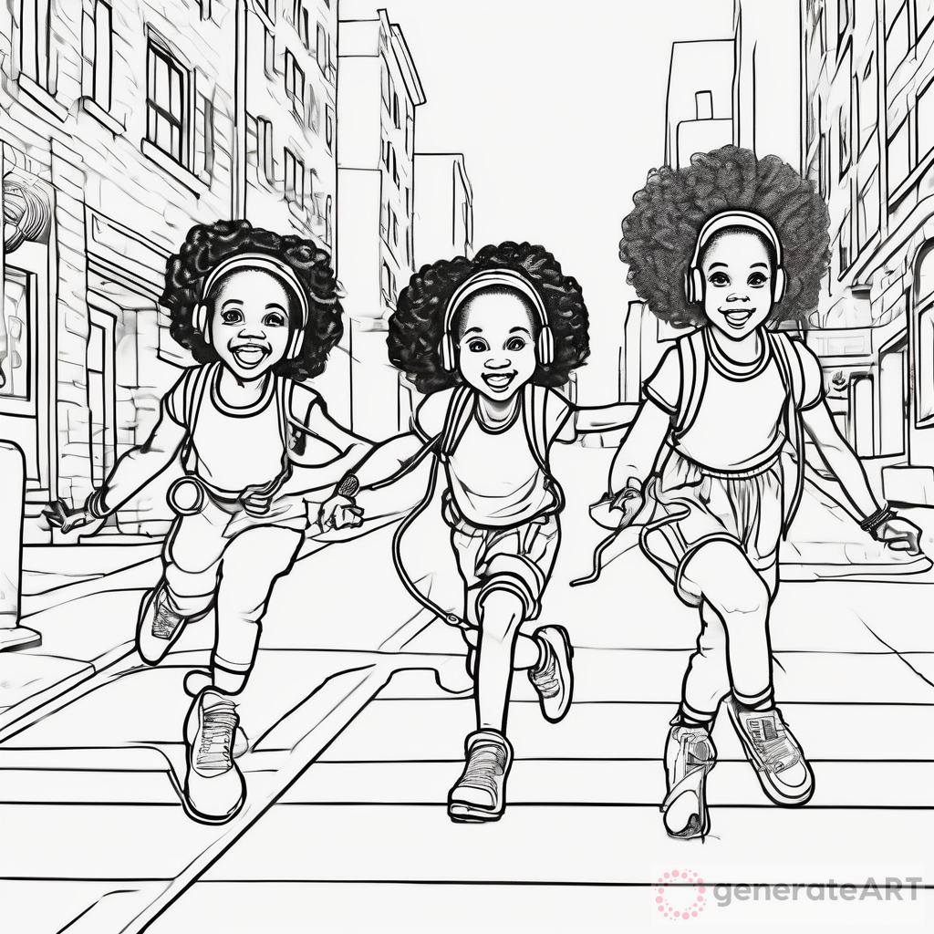 Little black girls double dutch on the sidewalk with boombox coloring page no color