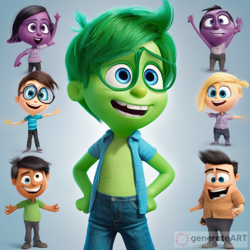 Create a inside out character which is a boy and has green body, green head, green hair, green shirt and blue eyes