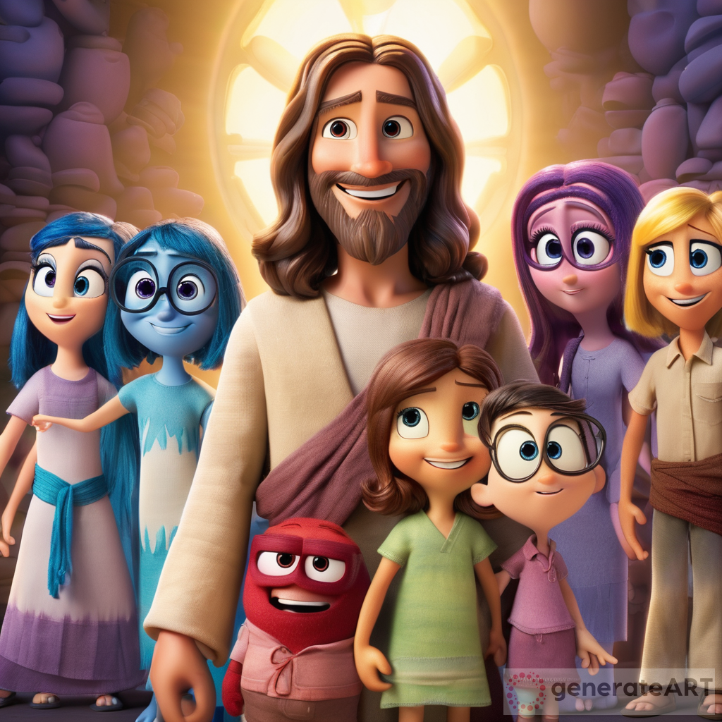 Jesus standing with the inside out characters