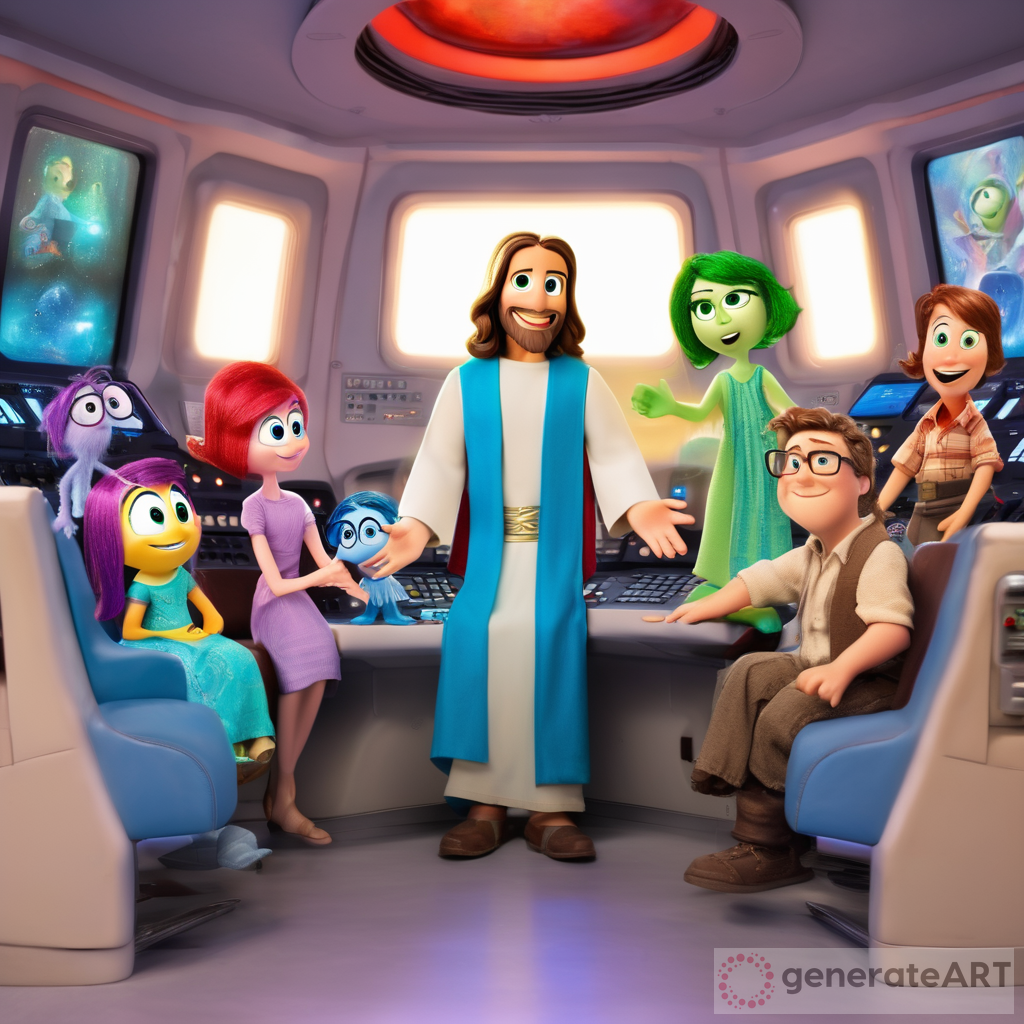 Jesus at the control panel with inside out characters