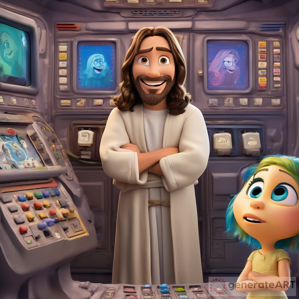 Jesus at the control panel with Disney inside out characters