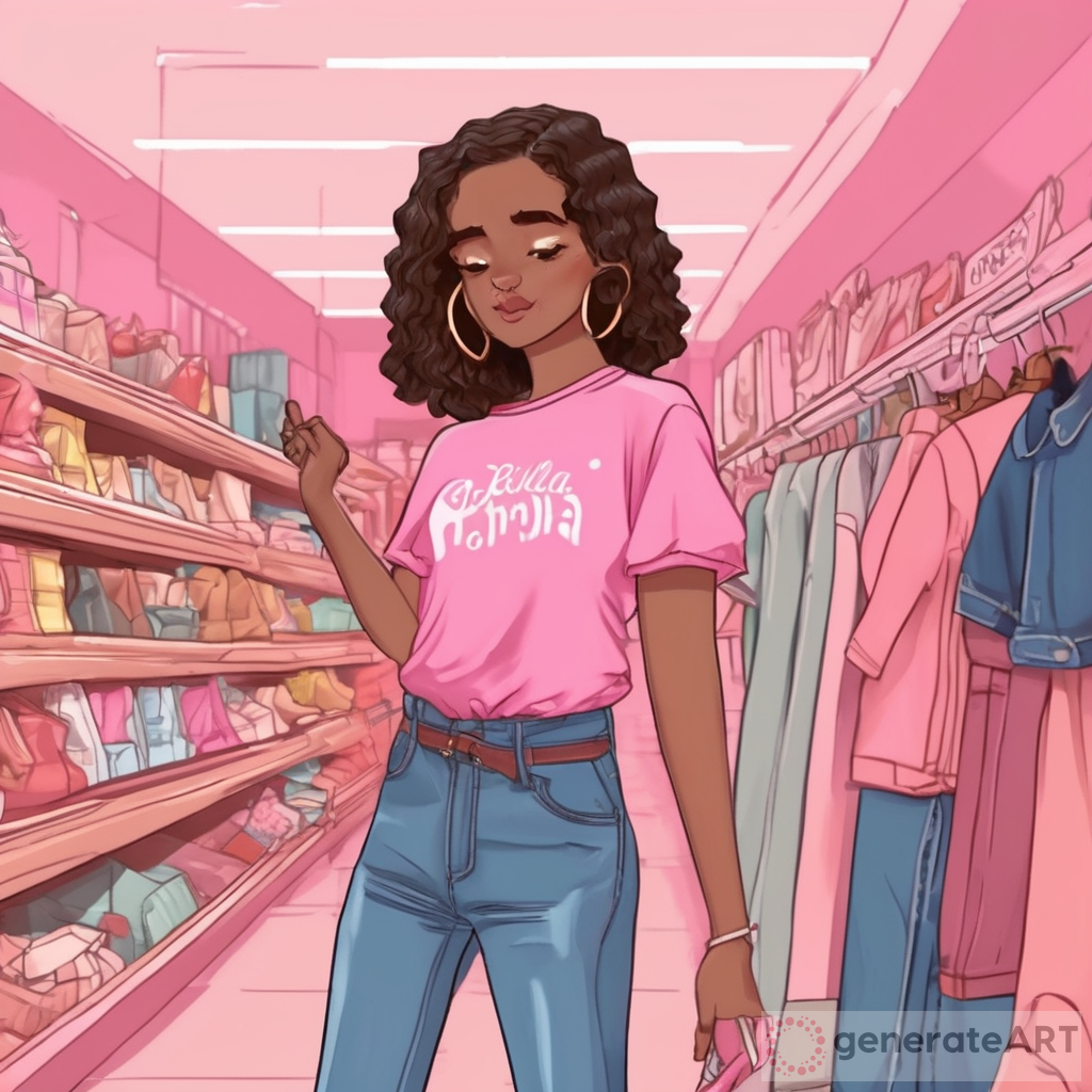 Uma personagem de animação segura do sacolas de compras com uma blusa gola alta rosa e saia jeans