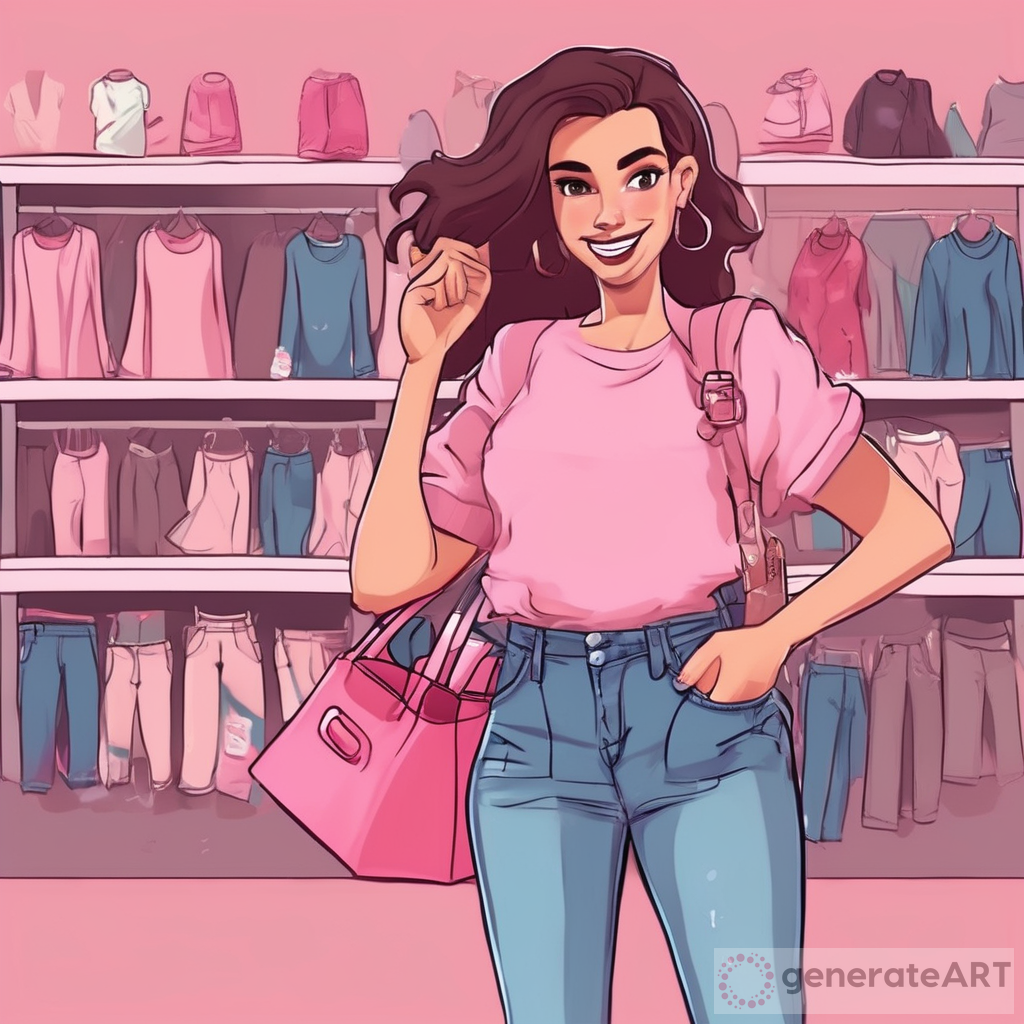 Uma personagem de animação de divertida mente segurando sacolas de compras com uma blusa gola alta rosa e saia jeans