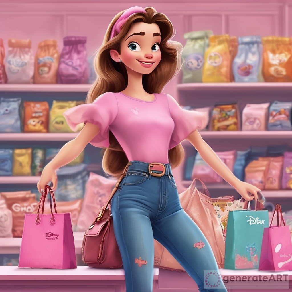 Uma personagem da disney divertida mente segurando sacolas de compras com uma blusa gola alta rosa e saia jeans