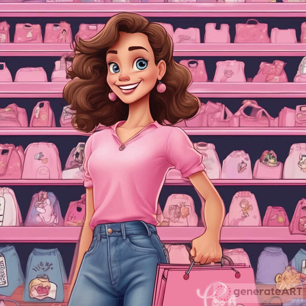 Uma personagem da disney divertida mente segurando sacolas de compras com uma blusa de manga longa rosa e saia jeans