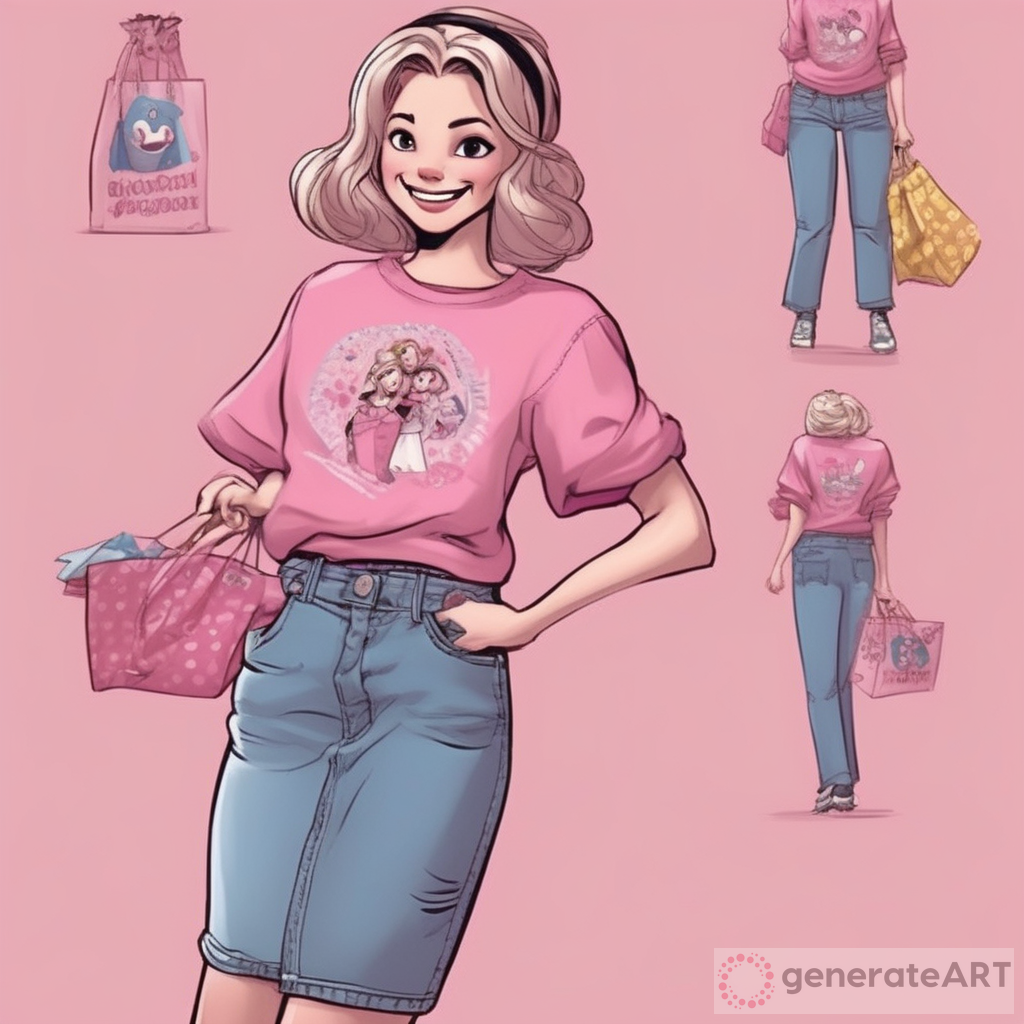 Uma personagem da disney fofa de divertida mente segurando sacolas de compras com uma blusa de mangas longas rosa e saia jeans