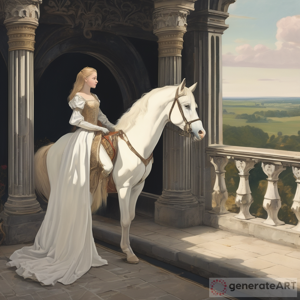 Princess standing on the balcony of a castle watching a man ride a white horse toward her in the far off distance