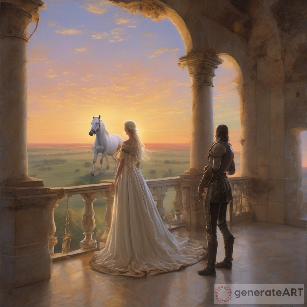 Princess standing on the balcony of a castle watching a man ride a white horse toward her in the far off distance in front of a sunset