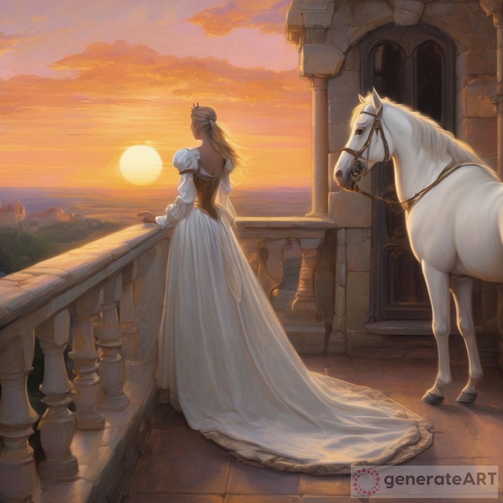 Princess standing on the balcony of a castle watching her prince ride a white horse toward her in the far off distance in front of a sunset