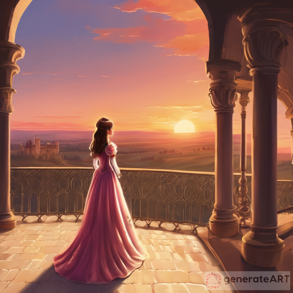 Princess standing on the balcony of a castle watching her prince in the far off distance in front of a sunset