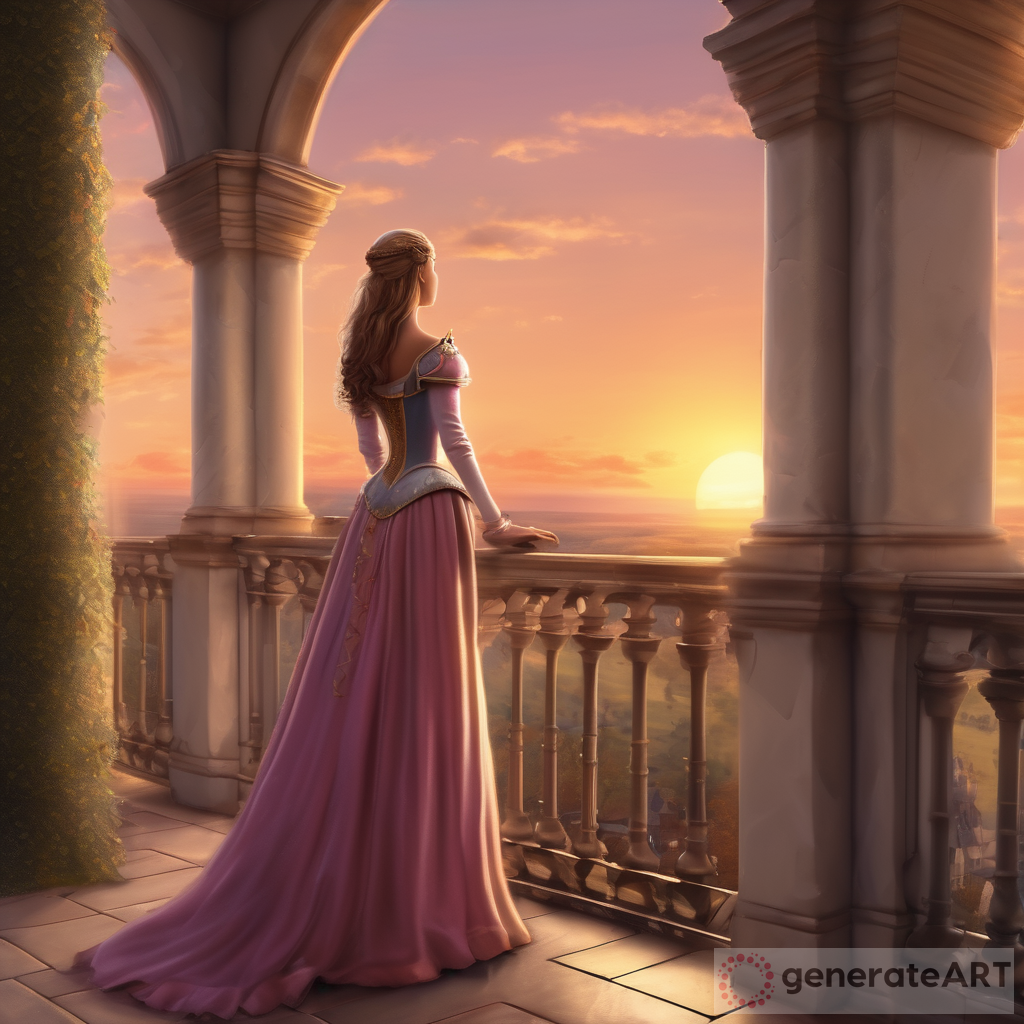 Realistic Princess standing on the balcony of a castle watching her prince in the far off distance in front of a sunset