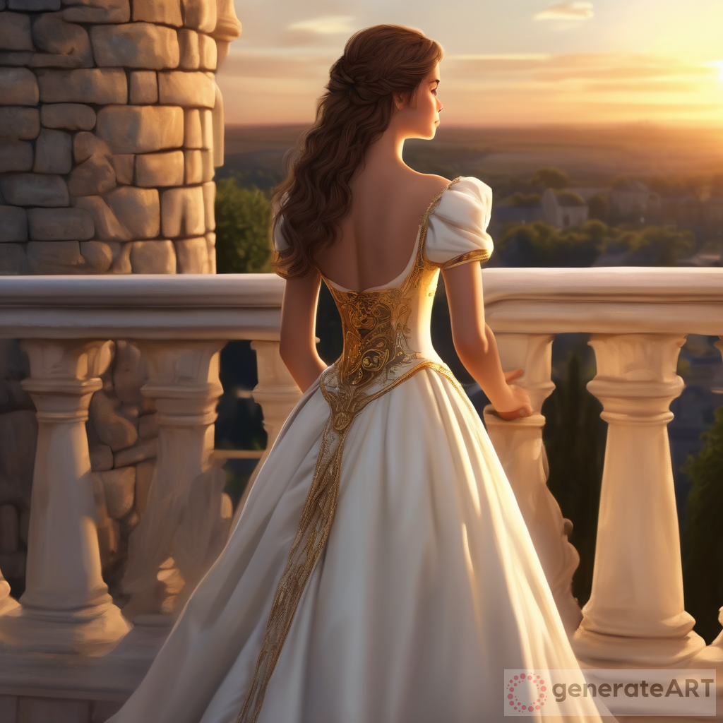Realistic Princess with brown hair in beautiful white and gold dress standing on the balcony of a castle watching her prince in the far off distance in front of a sunset