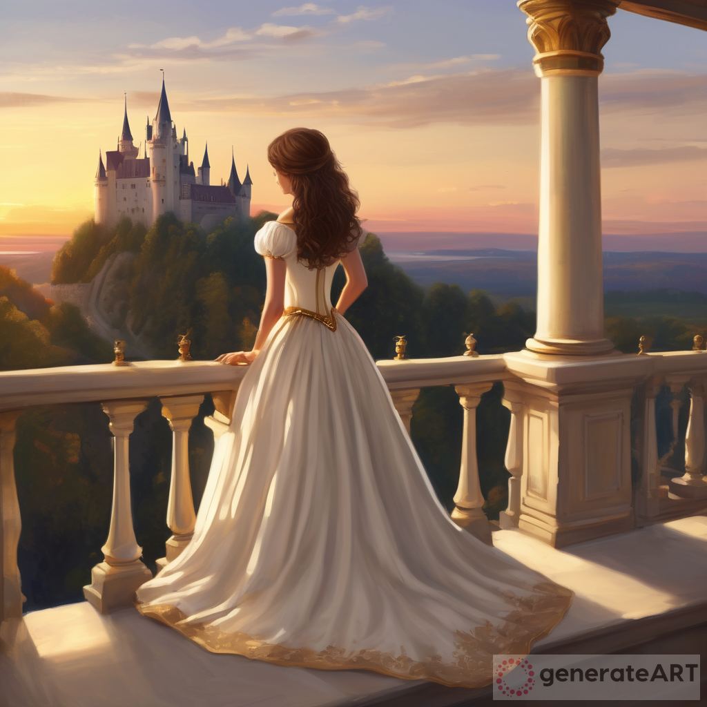 Realistic middle aged princess with brown hair and a white and gold dress watching sunset from the balcony of a castle