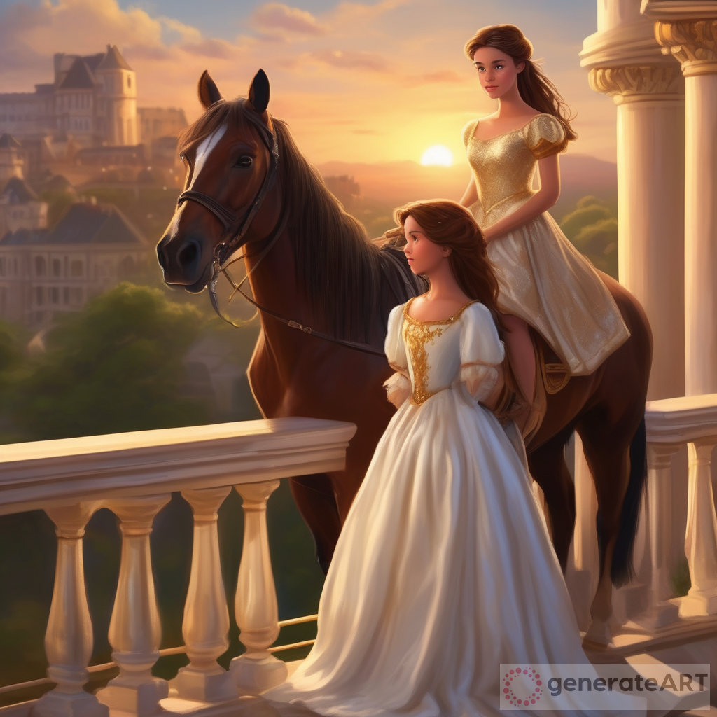 Realistic middle aged princess with brown hair and a white and gold dress watching sunset from the balcony and seeing her prince riding a horse