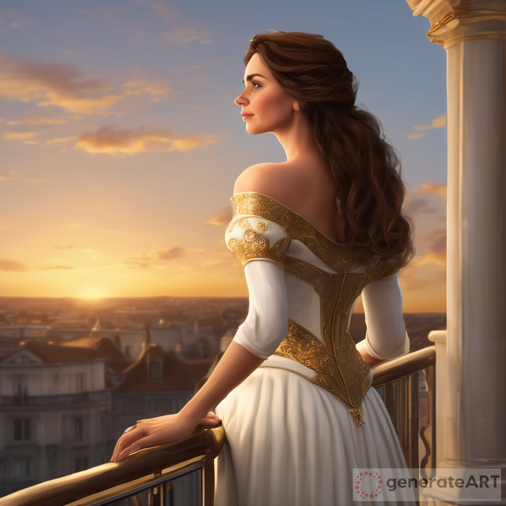 Realistic middle aged princess with brown hair and a white and gold dress watching sunset from the balcony