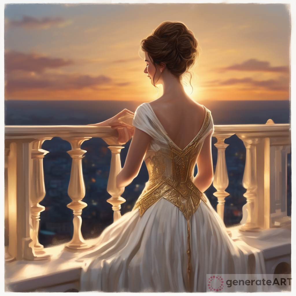 Realistic middle aged princess with brown hair and a white and gold dress from behind view watching sunset over the horizon from the balcony