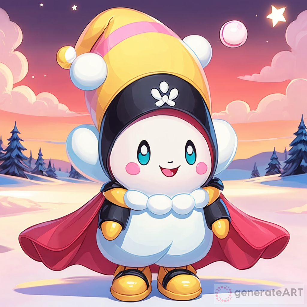 Dark, eerie image of a red sky, and a big, sentient, white, marshmallow with black, dot, eyes, a smile, and a pink hat with a yellow stripe across it, along with blue gloves with yellow rings around the wrists, and black arms and legs, and pink shoes. The living marshmallow should also be floating in the air