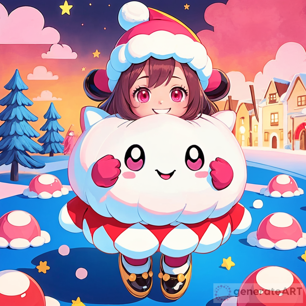 Dark, eerie image of a red sky, and a big, sentient, white, marshmallow with black, dot, eyes, a smile, and a pink hat with a yellow stripe across it, along with blue gloves with yellow rings around the wrists, and black arms and legs, and pink shoes. The living marshmallow should also be floating in the air