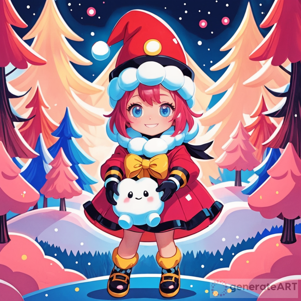 Dark, eerie image of a red sky, and a big, sentient, white, marshmallow with black, dot, eyes, a smile, and a pink hat with a yellow stripe across it, along with blue gloves with yellow rings around the wrists, and black arms and legs, and pink shoes