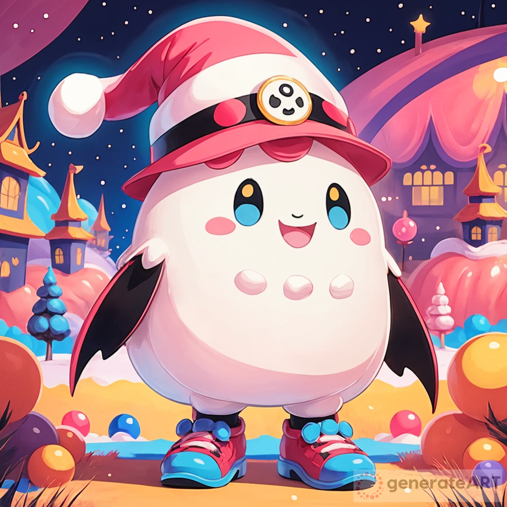 Dark, creepy, image of a red sky, and a big, sentient, white, marshmallow with black, dot, eyes, a smile, and a pink hat with a yellow stripe across it, along with blue gloves with yellow rings around the wrists, and black arms and legs, and pink shoes