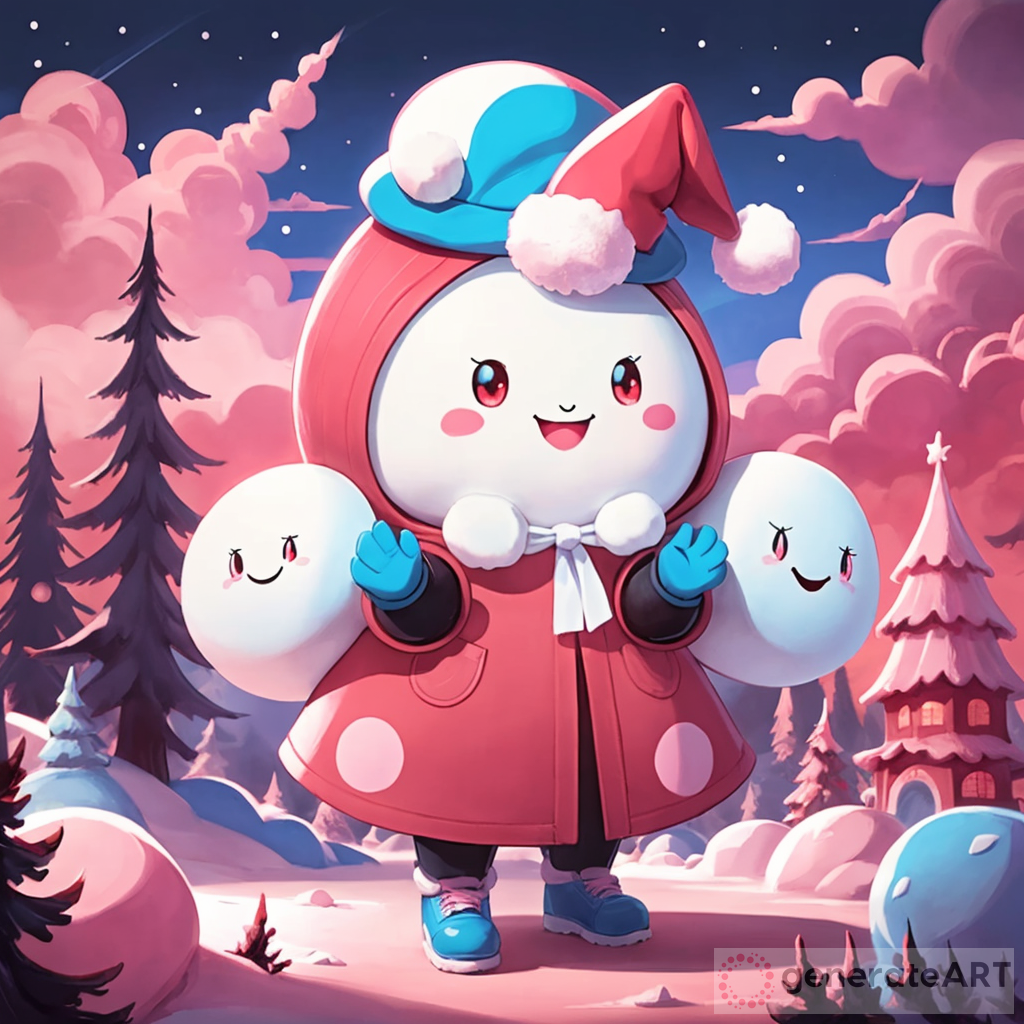 Dark, creepy, image of a red sky, and a big, sentient, white, marshmallow with dot eyes, a smile, a pink hat along with blue gloves, black arms and legs, and pink shoes