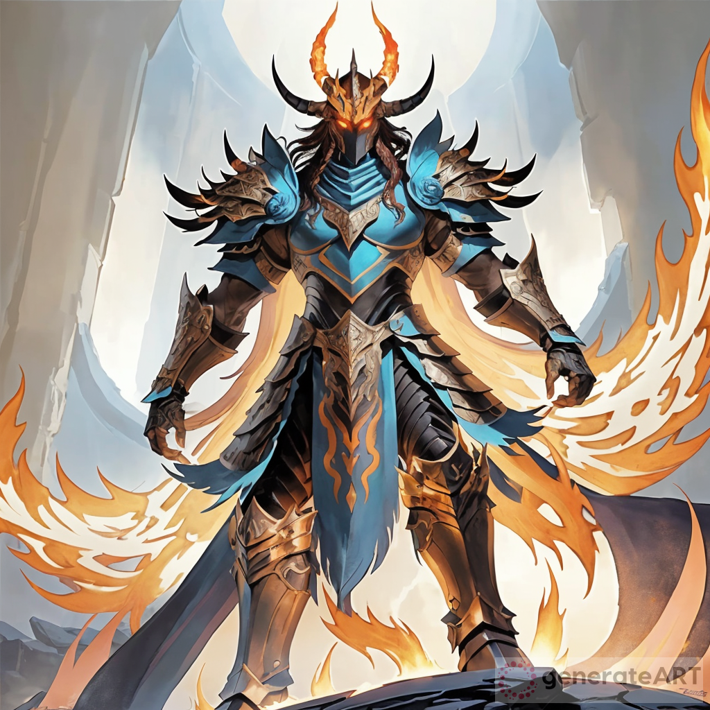 A fearsome, heavily-armored warrior from the fiery steppes worships gods of darkness. This imposing figure exudes power and loyalty, with intricately designed armor shining in the glow of hellish flames. The image, perhaps a stunning digital painting, captures the warrior's intense gaze and the fiery backdrop that surrounds them. The detailing on the armor is incredibly intricate, showcasing the artist's skill and attention to detail. The overall effect is a mesmerizing blend of strength and reverence, drawing viewers into a world of dark mystique and ancient deities
