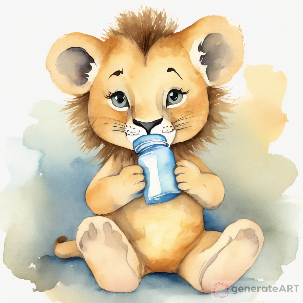 childish, baby book illustration, soft watercolor, cute, full body, sitting, cute baby lion holding baby bottle --ar 2:3
