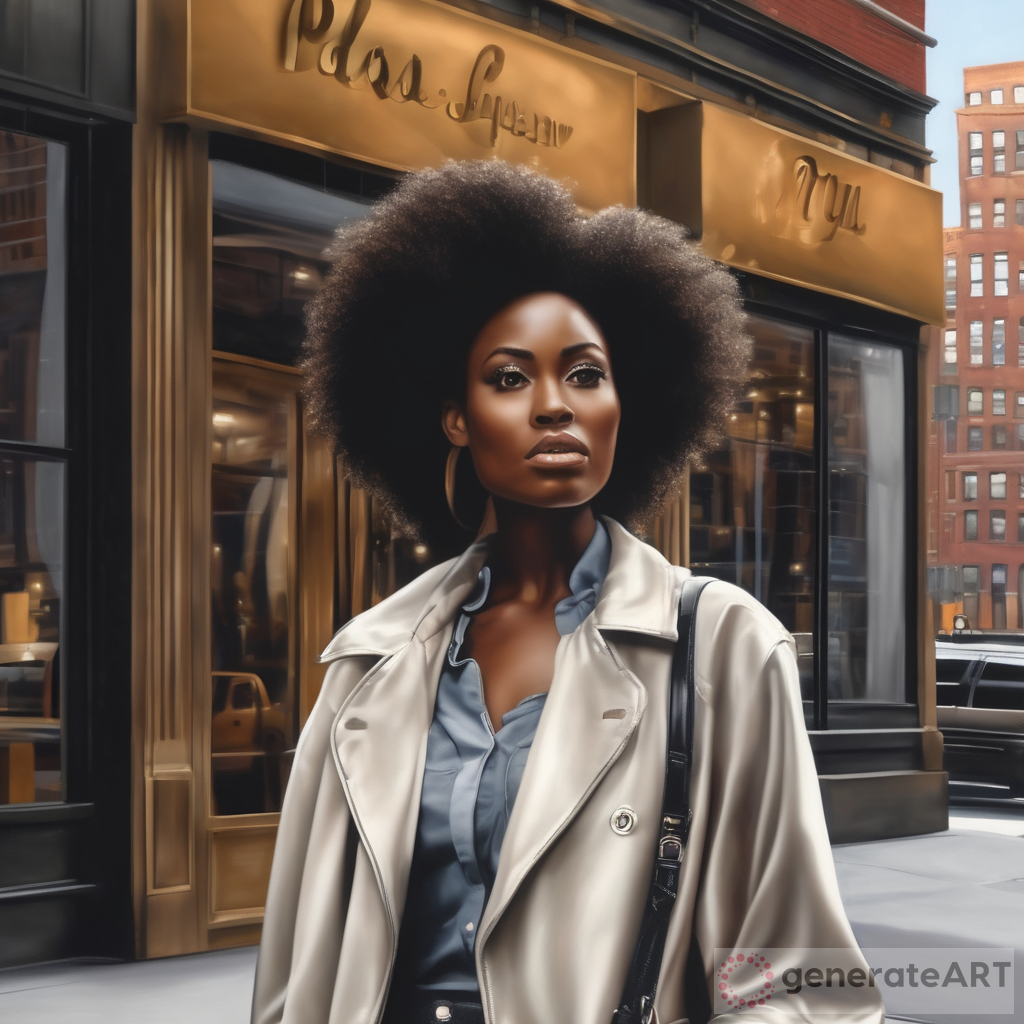 photorealism, african american beautiful model woman standing in front of a big new york city storefront with larget window