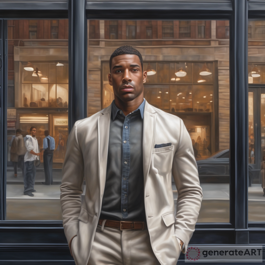 photorealism, african american light skinned handsome man standing in front of a big new york city storefront with large window
