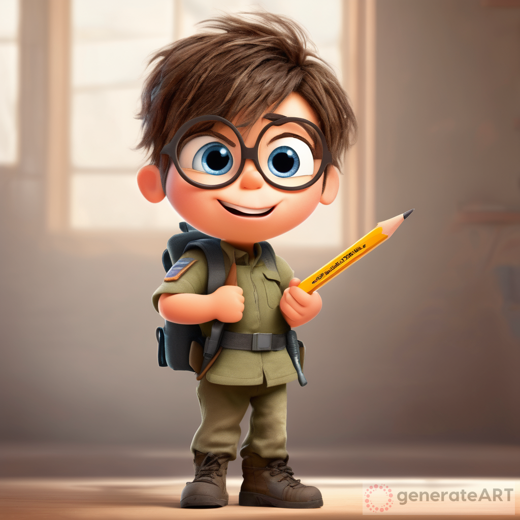 Inside out character for a determined, enthusiastic, and brave cute little student soldier holding a pencil with brown messy hair