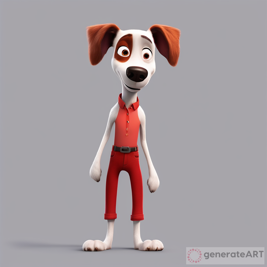 female dog, alone, slim, standing on her back feet, front feet up, red trousers, pixar style,
