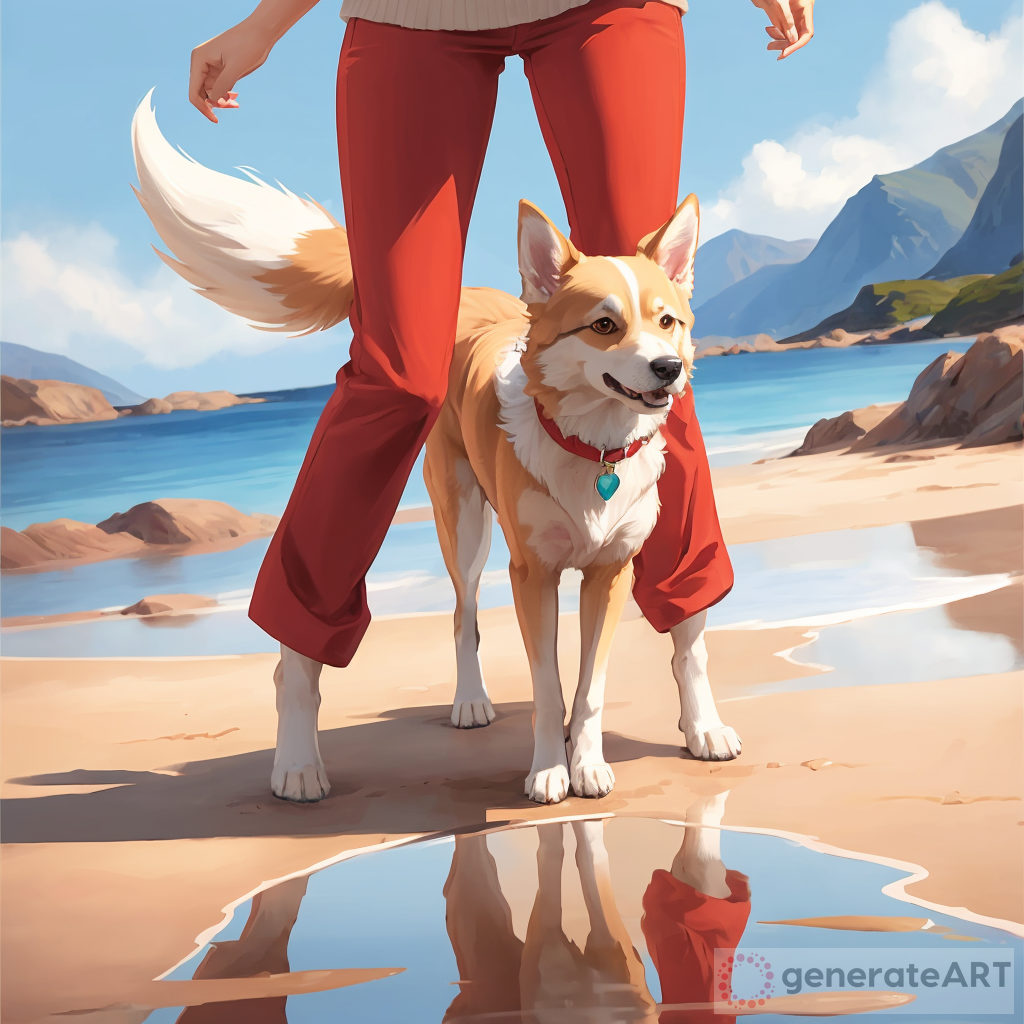 female dog, alone, slim, standing on her back feet, front feet up, red trousers