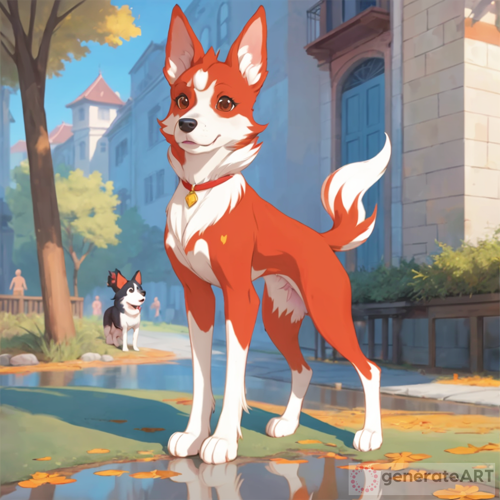 female dog, cartoon, alone, slim, standing on hind feet, front feet up, looks like a girl, red trousers