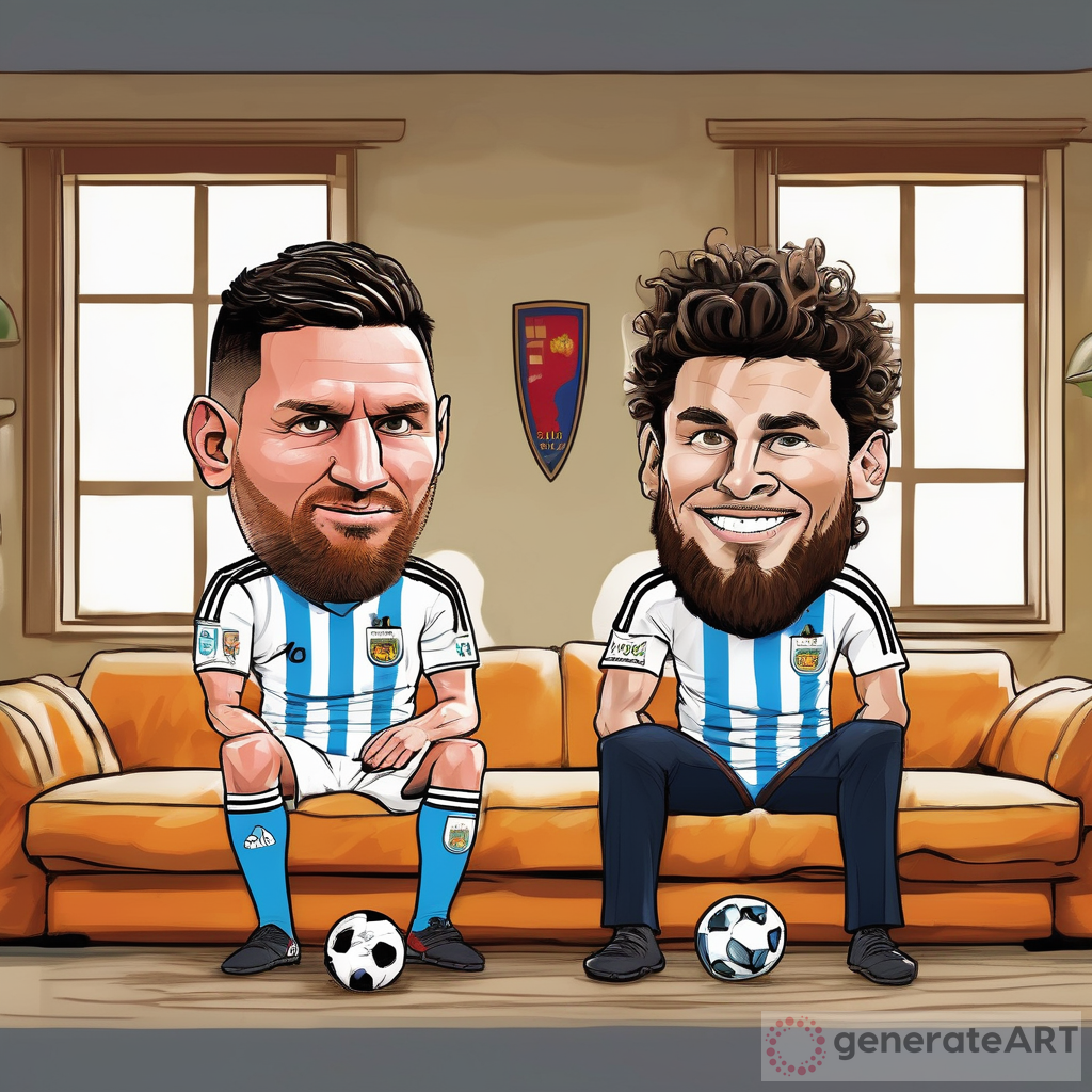 Caricature-style Messi in Argentina jersey and Ronaldo in Portugal jersey, both with big bobble heads and exaggerated facial features. Messi's curly hair extra bouncy, Ronaldo's eyebrows comically arched. Relaxing on couches in their respective homes. Messi drinking matte, Ronaldo doing sit-ups. , vibrant colors, detailed interiors with soccer memorabilia. Suddenly, a bright light shining through their windows