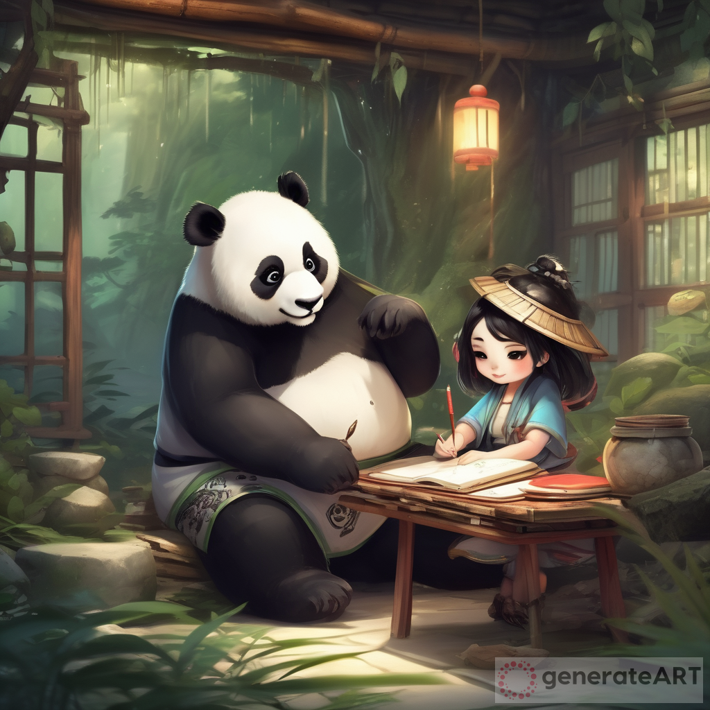 cute panda with ancient chinese girl writing diary in the fairy forest inside a room