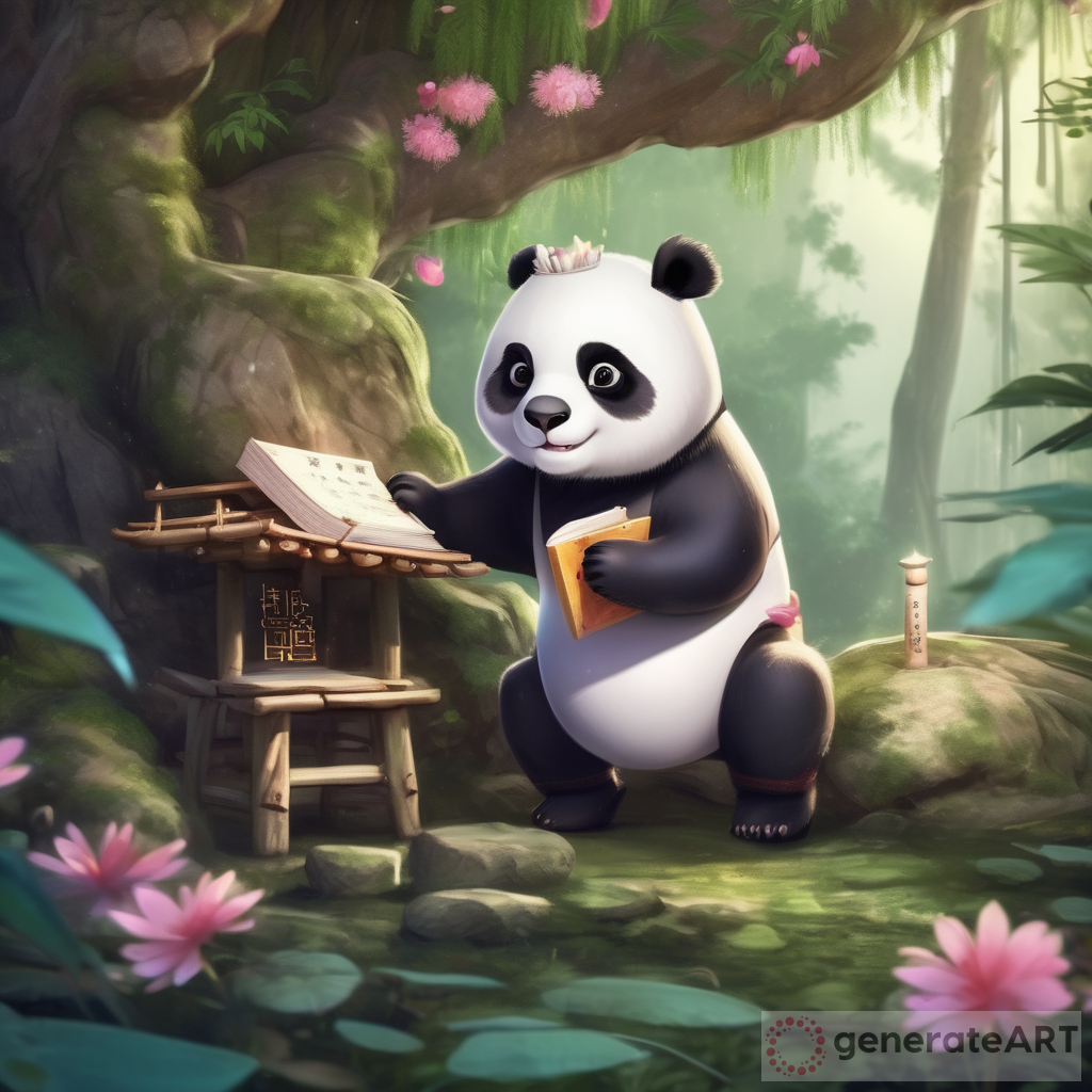 cute panda with ancient chinese girl writing diary in the fairy forest
