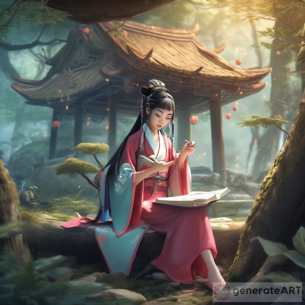 ancient chinese girl writing diary in the fairy forest